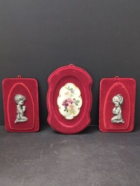 VGT, Italian Lot Of 3 Red Velvet Framed Cameo/Pewter Praying  Boy/Girl Plaques.
